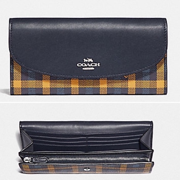 NWT Coach Leather Canvas Envelope Wallet with Gingham Print Blue Yellow - Picture 2 of 9